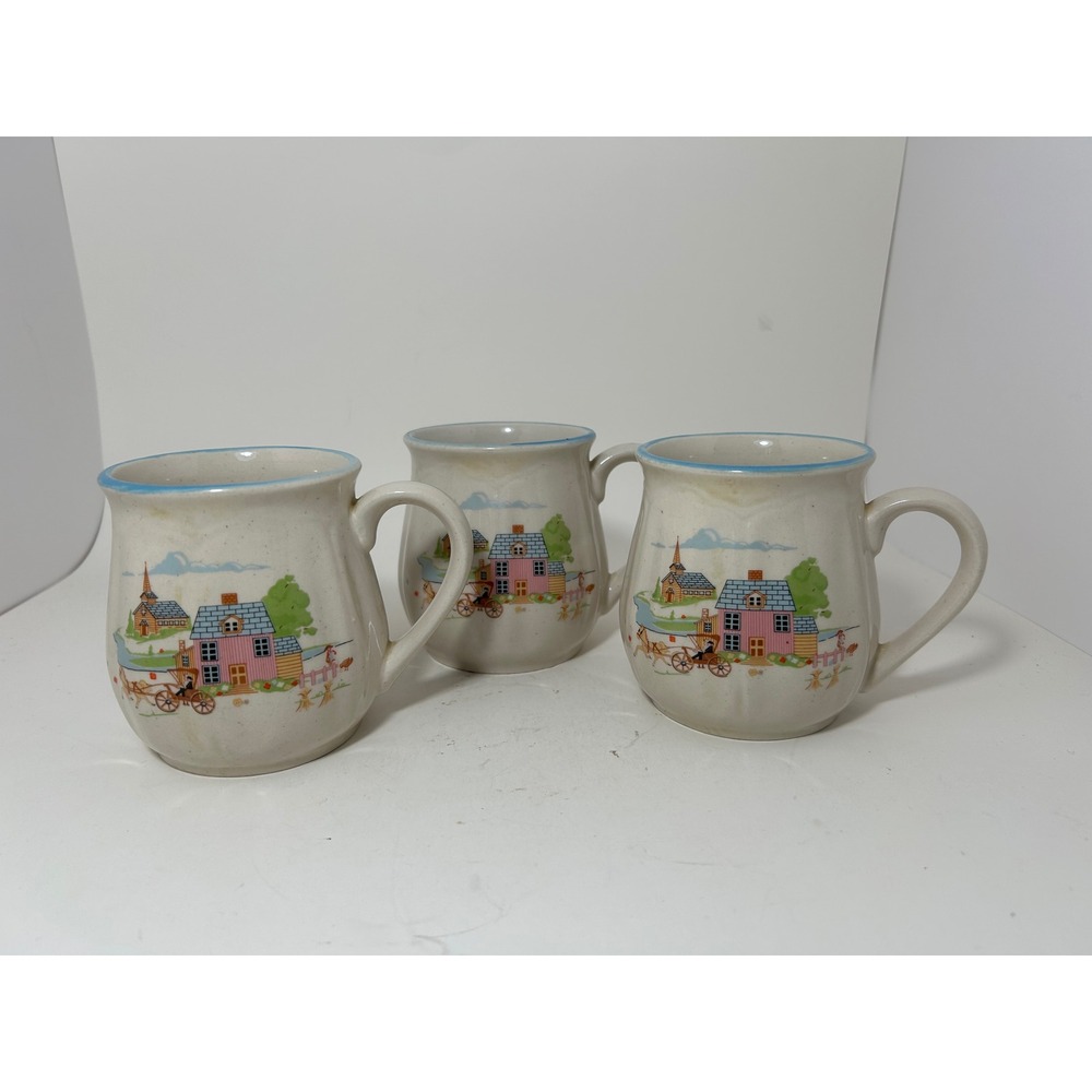 Vintage Set 3 Folk Art Farmhouse Stoneware Mugs Horse Carriage‎ Pink House Korea